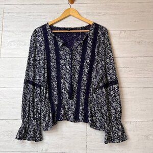 Lucky Brand Blouse Womens Size L/G Blue & White Boho Poet Tassels Long Sleeve